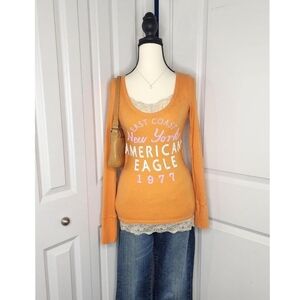 Y2K American Eagle Orange N' Pink Preppy Spellout Thermal Sweater Top